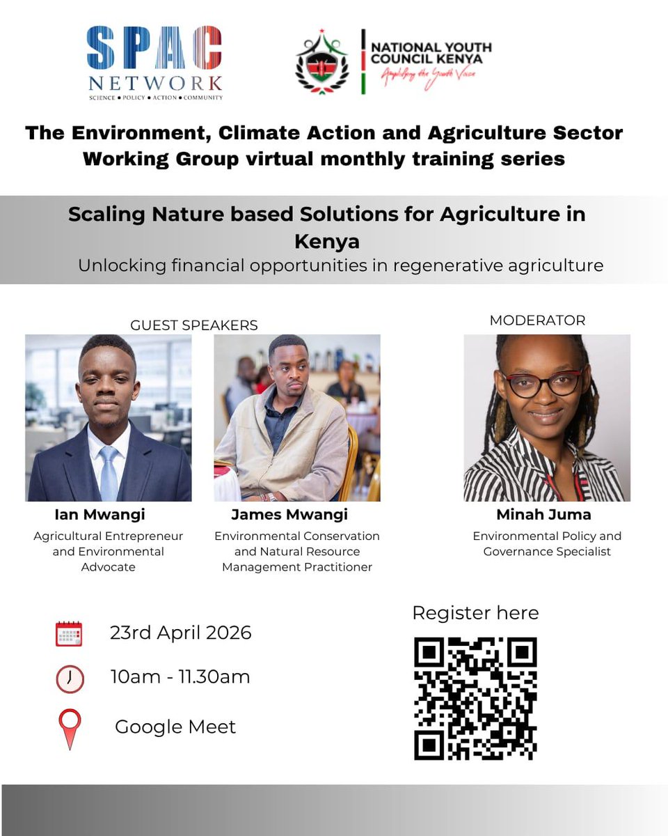 NYC_YouthVoice's tweet photo. Following a Peace &amp; Security SWG engagement, we invite you to the Environment, Climate Action &amp; Agriculture SWG Monthly Training Series on Scaling Nature-Based Solutions in Kenya and regenerative agriculture. 

📅 23rd April 2026 
⏰ 10:00–11:30am 
💻 Google Meet.

 Register,now! https://t.co/AmB99LucS2