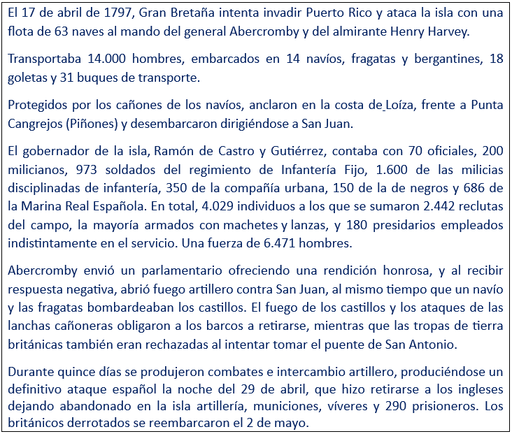 javierleoncio49's tweet image. El 17 de abril de 1797, hoy hace 229 años, Gran Bretaña intentó invadir Puerto Rico y atacó la isla con una flota de 63 naves y 14.000 hombres. Fueron rechazados.
@PuertoRicoPUR,@discover_PR,@PuertoRicoPosts,@PuertosPR,@SJCiudadCapital,@USembassyMadrid,@SpainInTheUSA,#Puertorico