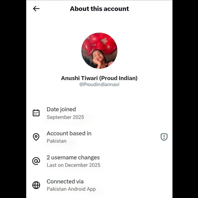 Account “Anushi Tiwari” flagged for spreading misinformation against India.

Location earlier showed Pakistan, later changed to “South Asia”, a common tactic to mask origin used by Pakistanis.