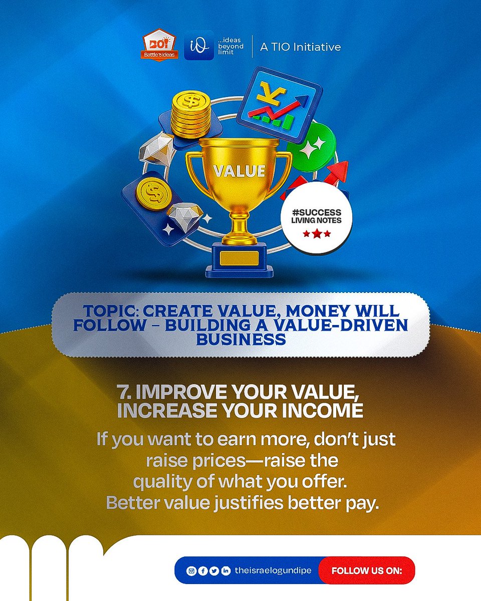 _IsraelOgundipe's tweet photo. Money responds to value. The more useful your business becomes, the more profitable it will be. Focus on impact and let income catch up.
Follow TIO for more: https://t.co/Ei9wINeF8S
#TIOBOI #EntrepreneurNigeria #SuccessNotes #smallbusiness #BusinessGrowth https://t.co/xA0ldP6KLY
