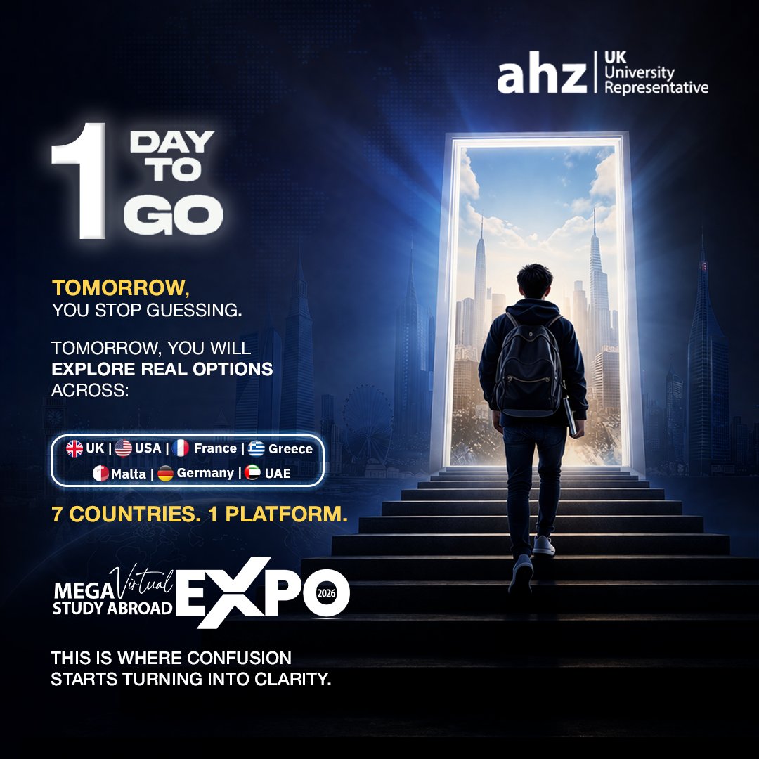 ahzind's tweet image. You’ve been thinking about it for a while.
Tomorrow, you do something about it.

See you at the AHZ Mega Virtual Expo.
Get ahead with AHZ.

#ahz #studyabroad #finalcall #studentjourney #globaleducation #studyabroadindia #getaheadwithahz