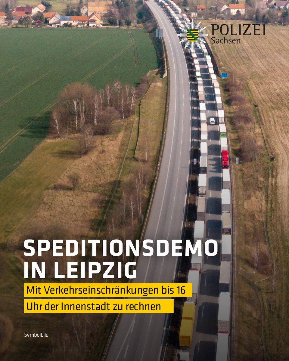 PolizeiSachsen's tweet image. 22 Lkw und 69 Autos fahren derzeit in #Leipzig als Autokorso vom #Völkerschlachtdenkmal Richtung #Augustusplatz. Nach einer Zwischenkundgebung wird der Autokorso den Ring umfahren und anschließend zurück verlegen. Dabei kann es bis 16 Uhr zu Verkehrseinschränkungen kommen.