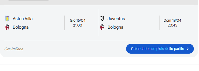 Calendario dispettoso che piazza al Bologna la trasferta contro la Juve a meno di 72h da una trasferta durissima a Birmingham

Il signor BUTTI, sta palesemente favorendo la juve per spingerla alla qualificazione in champions.
Che sia messo agli atti.
