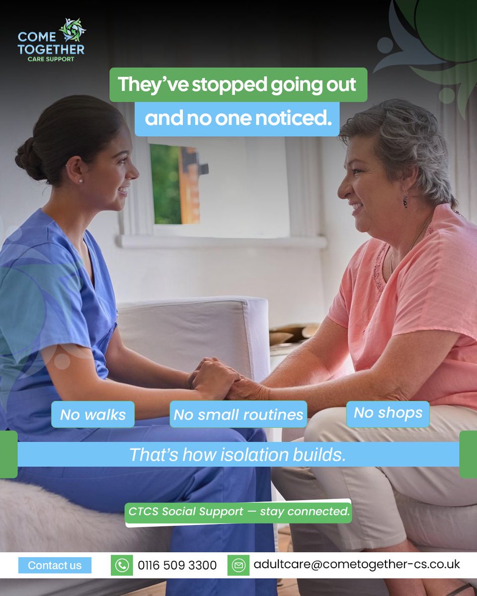 ctcscare's tweet image. Reduced social activity can impact mental and physical wellbeing. CTCS provides companionship and social support services across the UK.
Contact us:
📲0116 509 3300
📩adultcare@cometogether-cs.co.uk
#SocialSupportUK #LonelinessSupport #CTCS