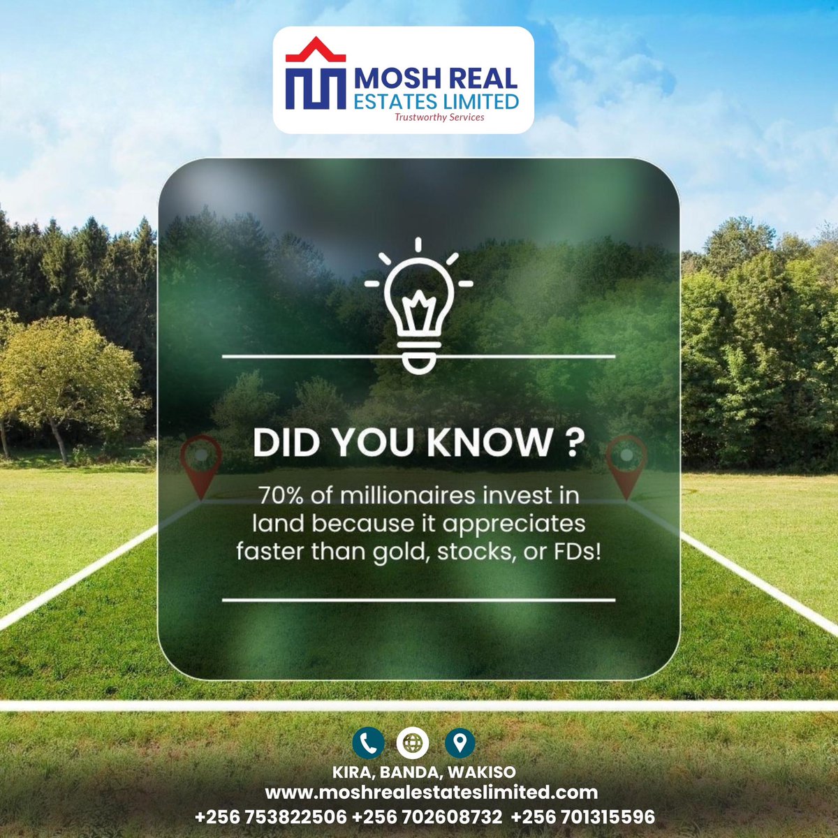 moshrealestates's tweet image. Did you know millionaires often invest in land because of its strong appreciation potential?
Start building your wealth today with smart property investments.
#MoshRealEstate #LandInvestment #SmartInvesting #WealthBuilding #RealEstateUganda #PropertyInvestment #FinancialGrowth