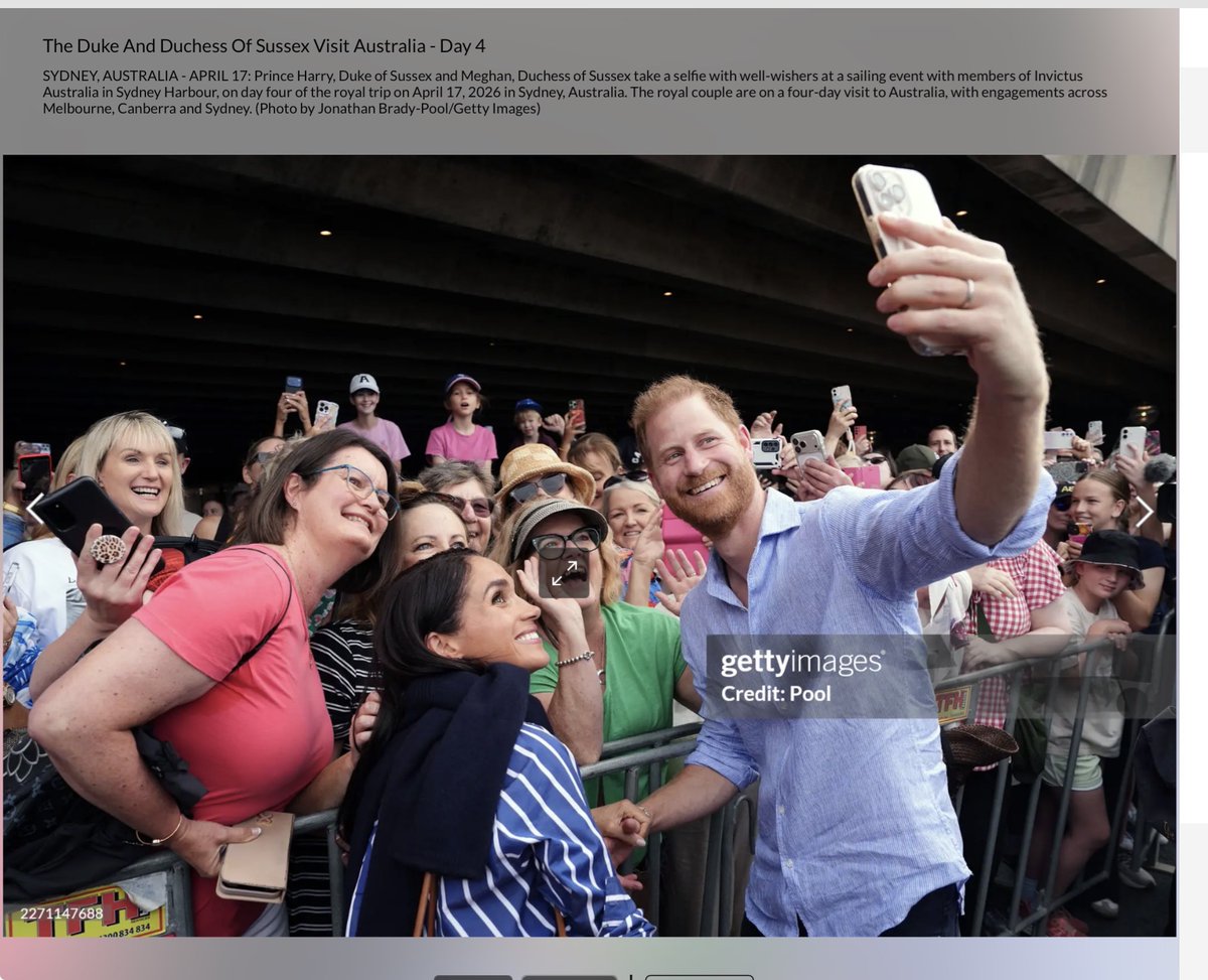 royalwhisper's tweet image. Prince Harry and Meghan, Duke and Duchess of Sussex greet well-wishers at a sailing event Australia in Sydney Harbour, on day four of visit to Australia.  April 17, 2026 #gettyimages #HarryandMeghaninAustralia