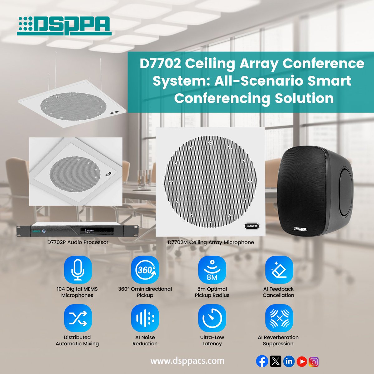 GuangzhouDSPPA's tweet image. 🆕🌟#New #Solution | #DSPPA #D7702 Ceiling Array Conference System: All-Scenario Smart Conferencing Solution

#D7702 is an all-in-one solution integrating sound reinforcement, remote conferencing, and AI capabilities.

🔍dsppacs.com/ceiling-array-…
📩Contact us: conference@dsppa.com