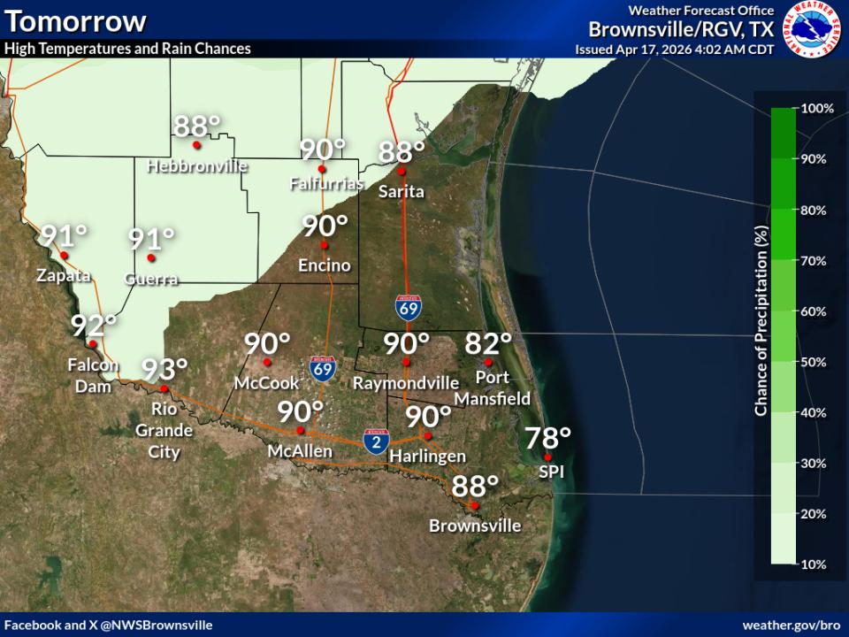 NWSBrownsville's tweet image. Here are the forecast high temperatures and rain chances for Deep South Texas tomorrow. #RGV #TXwx #RGVwx
