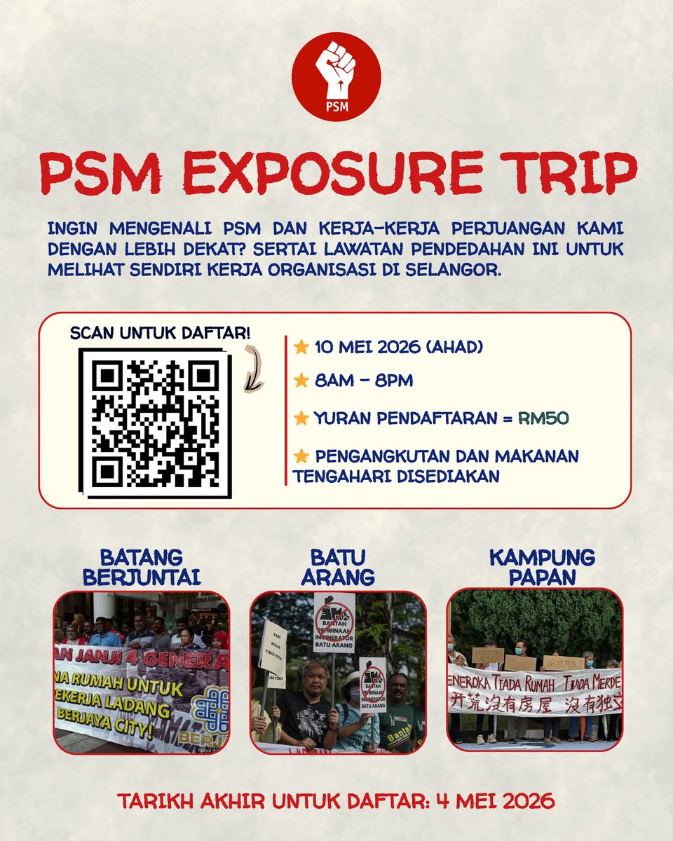 Ever wondered what grassroots organizing looks like beyond the screen? 

Join the PSM Exposure Trip! We’re heading to the frontlines in Selangor to learn from the communities in Batang Berjuntai, Batu Arang and Kg Papan.

Perfect for young activists &amp; the politically curious.