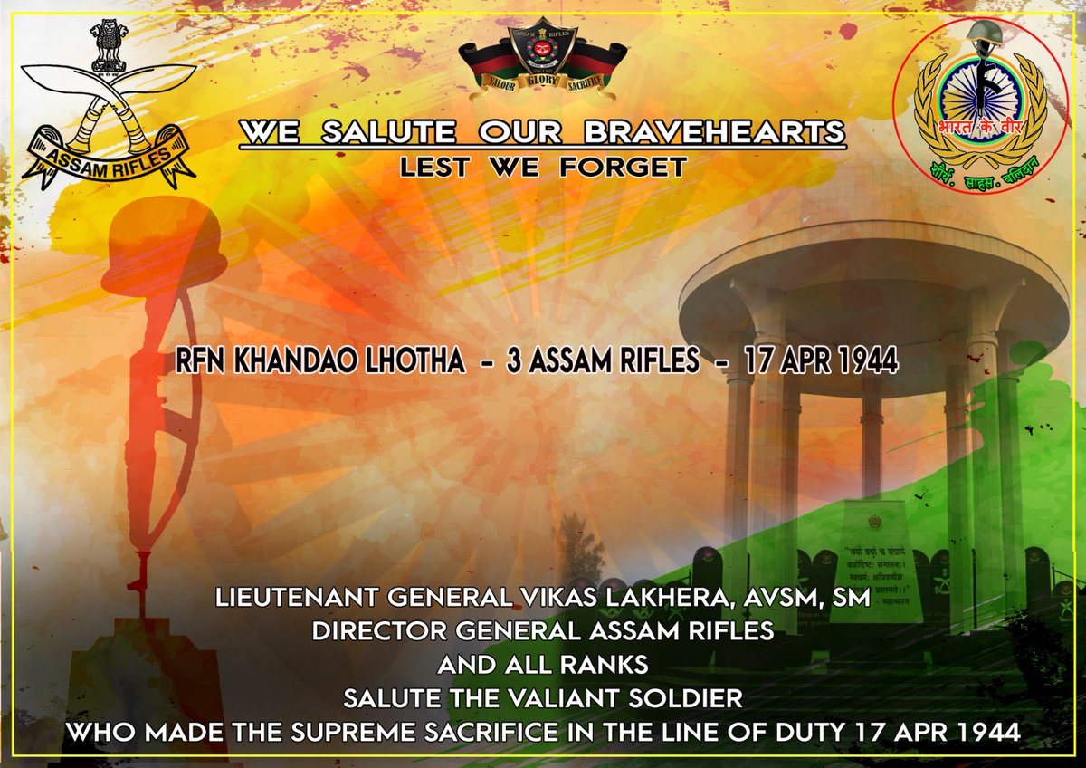 official_dgar's tweet image. Lieutenant General Vikas Lakhera, AVSM, SM, Director General of #AssamRifles &amp;amp; all ranks, salute the valiant soldier who made the supreme sacrifice in the line of duty on 17 Apr.

#SaluteToMartyrs #HonourTheFallen #RememberingOurHeroes #MartyrsOfIndia #ForeverInOurHearts
