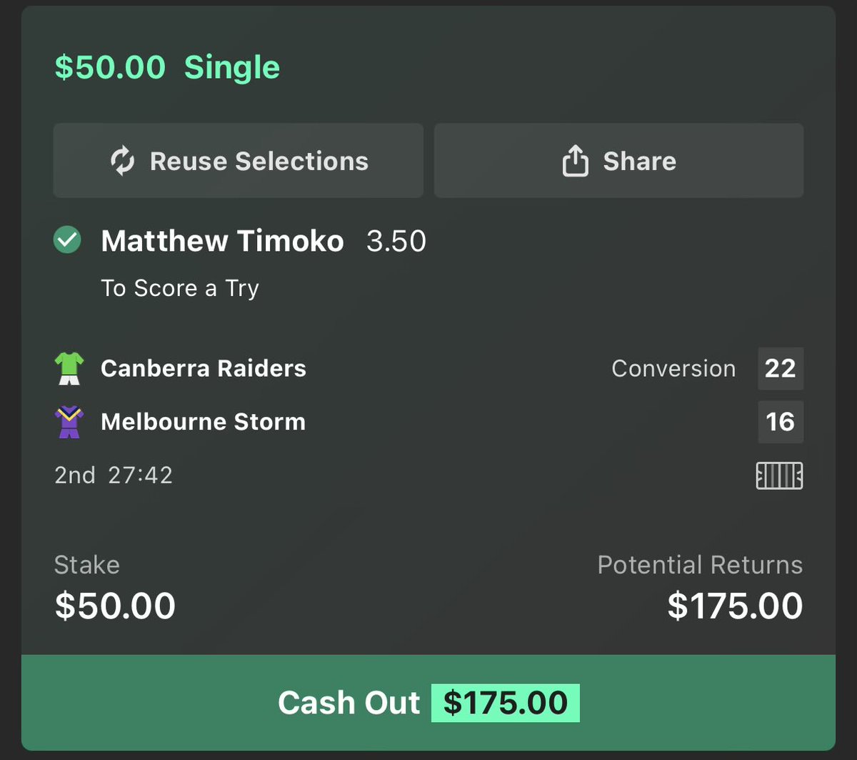 I kid you not, dreamt he’d score on 50 mins, put $50 on it and fucking nuts