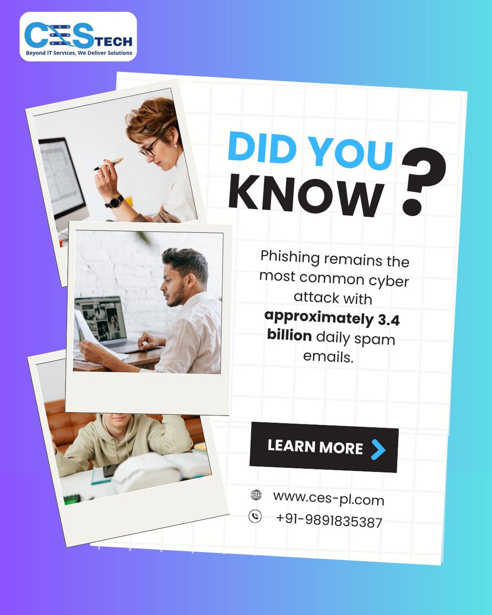 ces_noida's tweet image. Cyber threats are growing everyday &amp;amp; awareness is the first step toward protection.
Phishing remains one of the most common cyber attacks, targeting individuals &amp;amp; businesses alike through deceptive emails &amp;amp; links.
#cestech #ITServices #CyberSecurity #PhishingAwareness #StaySecure