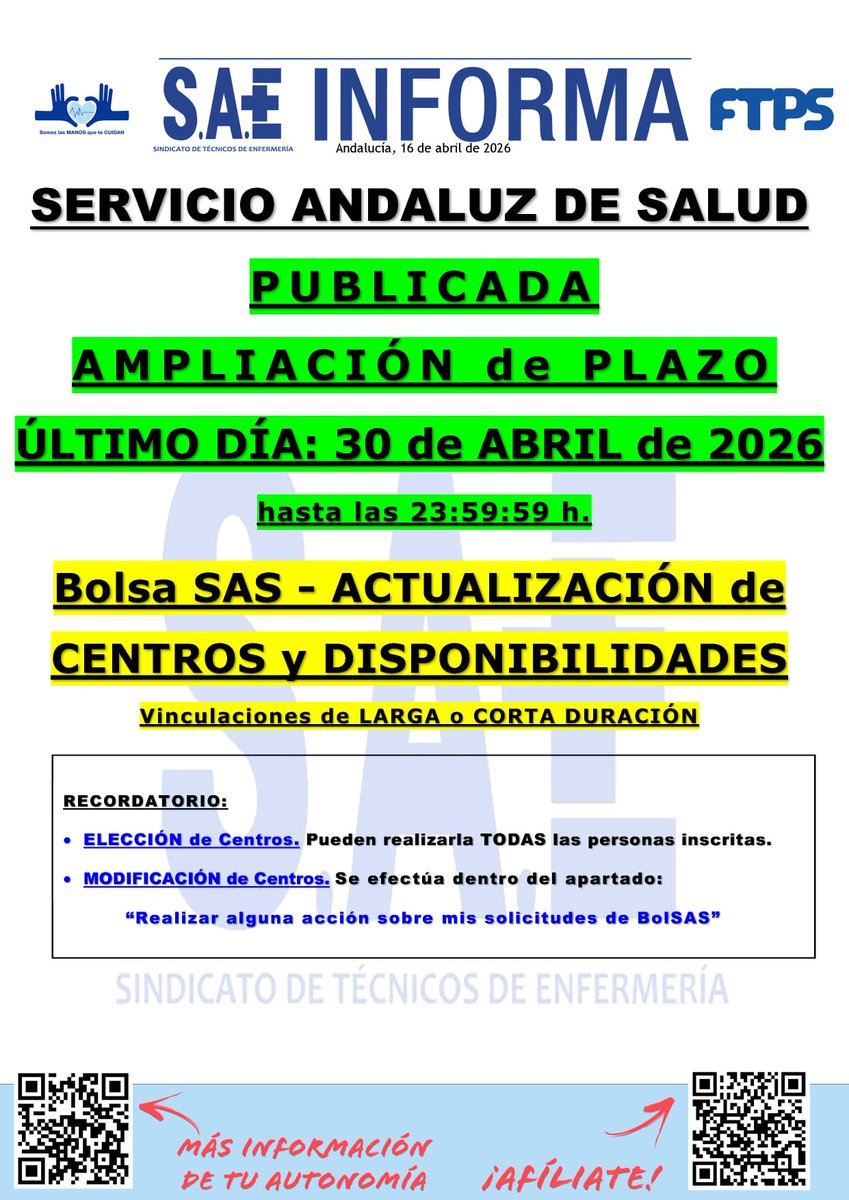 sae_sevilla's tweet image. #SAEAndalucíaInforma | 📢 Publicada Ampliación de Plazo Último Día 30-04-2026 Actualización Centros y Disponibilidades #BolsaÚnica #SAS

➕Información en tu Sección Sindical #SAEAndalucía 🙂👍

#SomosLasManosQueTeCuidan