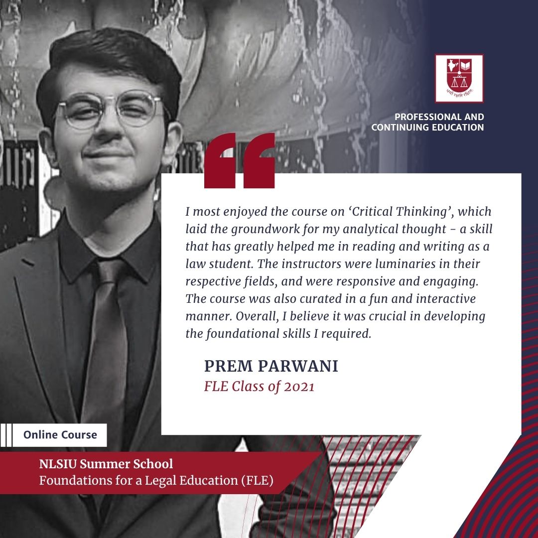NLSIUofficial's tweet image. #AdmissionsOpen #FLE
Prem Parwani shares how the Foundations for a Legal Education (FLE) online course at #NLSIU became a crucial stepping-stone in his academic journey. Whether or not you plan to study law, FLE helps you build essential skills in reading, writing, and critical