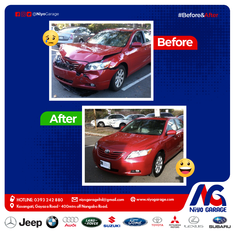 NiyoGarage's tweet image. Your #beforeandafter miracle is just a phone call away. Get in touch with us for the best #AutoCare #panelbeating, #BodyRestoration and #reconstruction services. Find us in Kasangati, 400 meters off Nangabo Rd. Or #CallOrWhatsapp; 0757001002/0776202785.