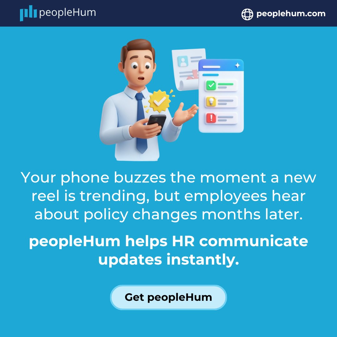 PeopleHum's tweet image. Your phone pings instantly when a reel trends, but policy updates take months to reach employees?

That’s how rumours win.

👉Push policy updates instantly and keep everyone aligned with peopleHum.com

#InternalComms #HRTech #WorkCulture #AIGovernance #ResponsibleAI