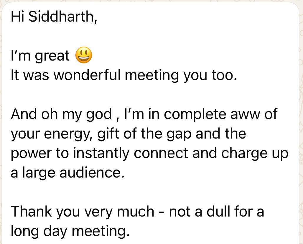 sidkannan's tweet image. Grateful for the kind words from Sivani Sarma Deka, COO - India Business at Bharat Serums and Vaccines Ltd, Mumbai 🙏

Means a lot coming from a leader of her calibre. Truly enjoyed the interaction and the energy we shared!

#Emcee #Host #growth #success #passion #dedication