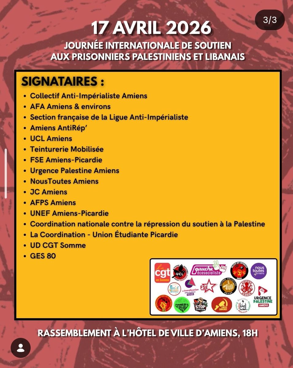 Collectifp42471's tweet image. 🔴 Rassemblement à #Amiens en soutien aux #otages palestiniens et libanais, et contre la peine de mort légalisée pour les #Palestiniens au sionistan !

#Palestine vivra 🇵🇸✊
#stopgenocide
