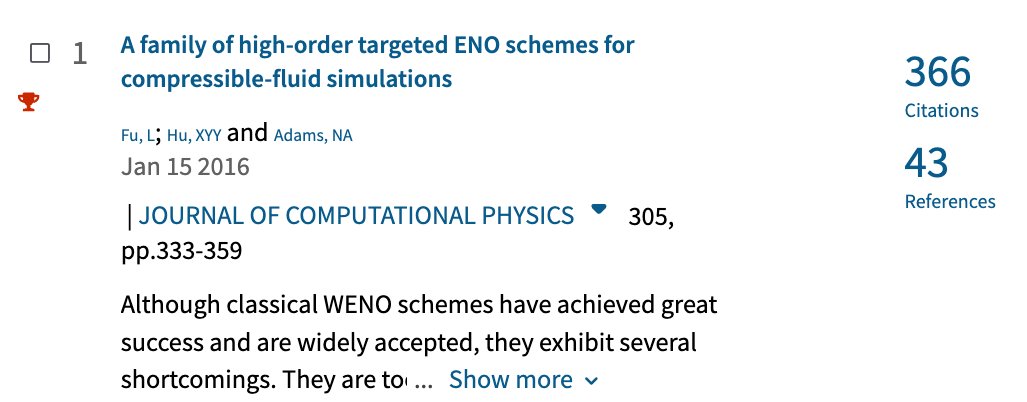 linf1017's tweet photo. Our first TENO paper published in JCP, i.e., [A family of high-order targeted ENO schemes for compressible-fluid simulations, Volume 305, 15 January 2016, Pages 333-359], is now listed by Web of Science as Highly Cited Papers ! https://t.co/iDrrJ3Ct69