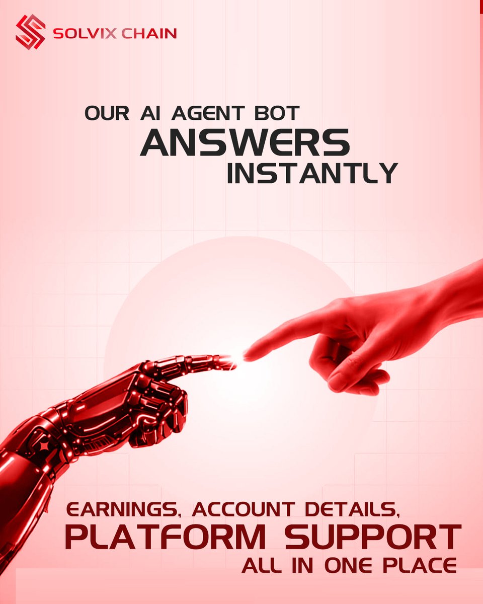Solvixchain's tweet image. Our AI Agent Bot answers instantly. Earnings, account details, platform support — all in one place. Real AI, real utility. 🔴🤖⚡
#SolvixChain #AIAgentBot #Web3AI #dAI