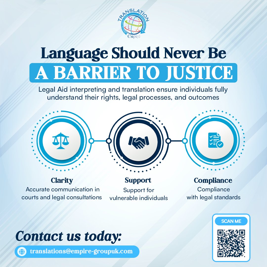 Access to justice starts with clear communication.

Legal Aid interpreting &amp; translation ensure rights are understood.

✔️ Accurate ✔️ Confidential ✔️ Compliant

📩 translations@empire-groupuk.com

#LegalAid #LegalTranslation #InterpretingServices #AccessToJustice #LanguageMatter