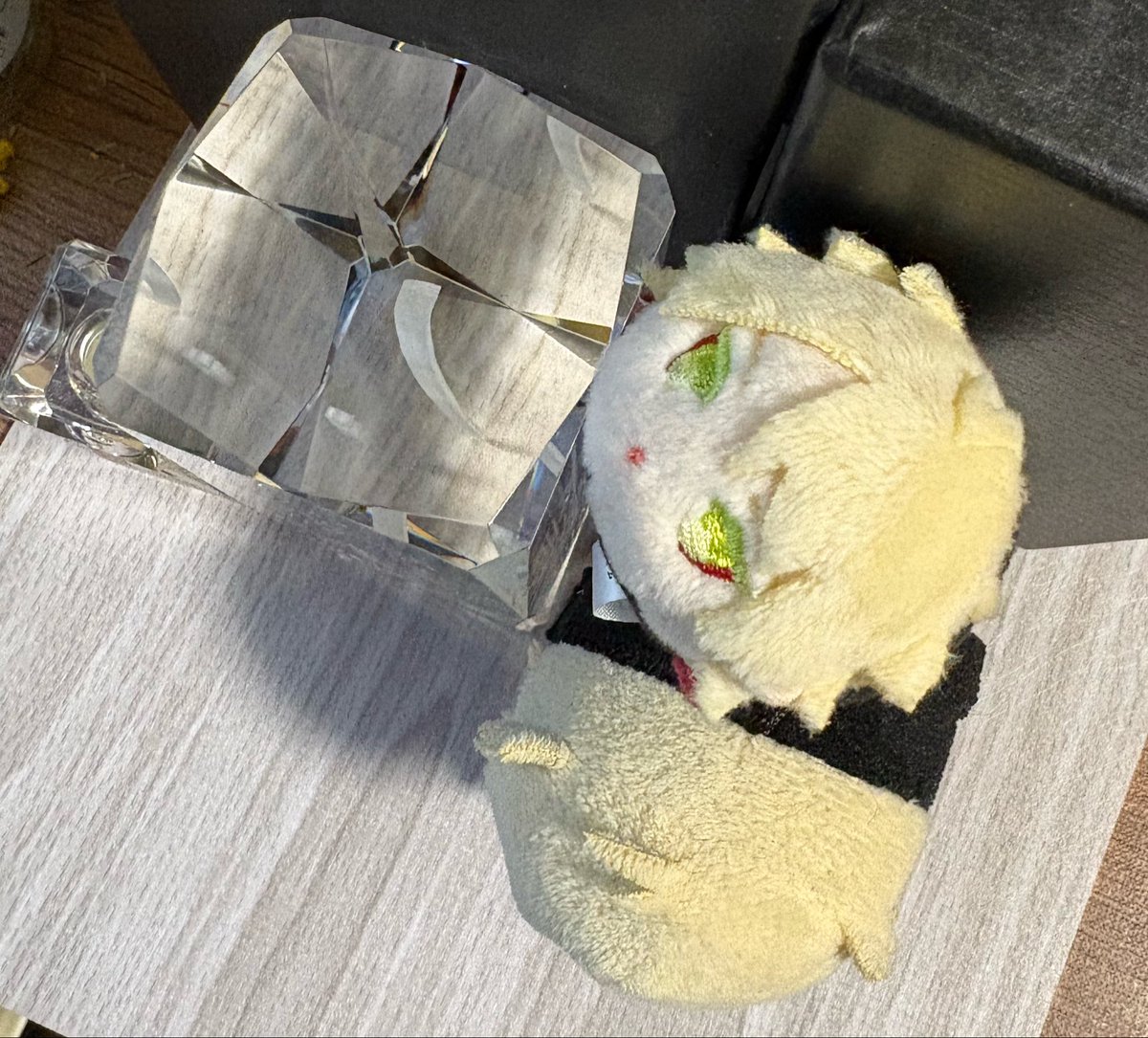 クリスタル南泉一文字のサイズ感を撮ろうとしたのですが、クリスタルの輝きが凄すぎて写り込みが大変でした。
あとゴム手袋探しました。

素人測定で
約2おもち1こもち　サイズです。
(約縦15cm横5cm奥行5cm)