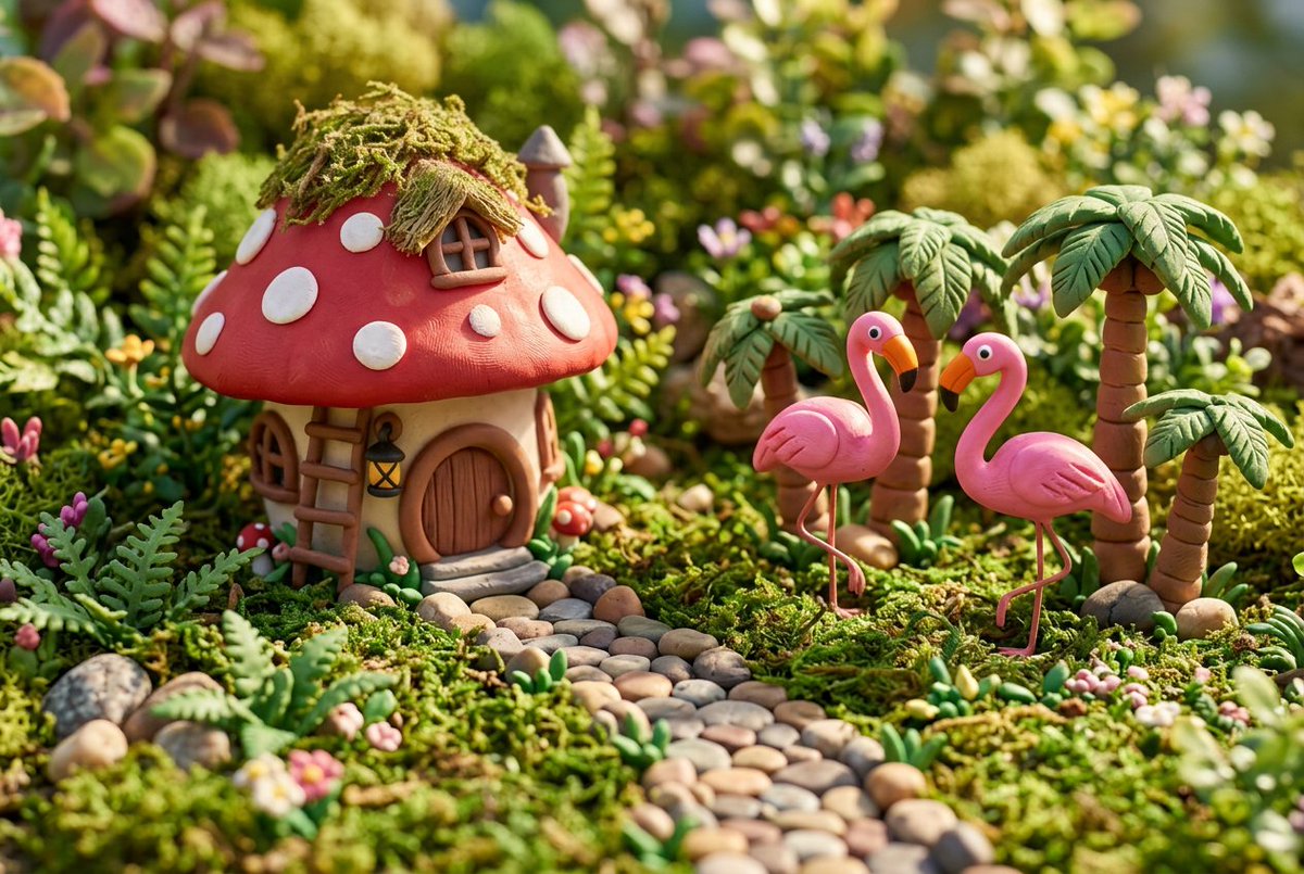 heathergreen's tweet image. Fairy garden, Florida style.
#promptshare with Nano Banana 2 using @freepik 
🦩PROMPT: low-angle extreme close-up view of a whimsical fairy garden with a detailed toadstool house, tiny winding stone paths, and clusters of miniature palm trees surrounding classic Florida pink
