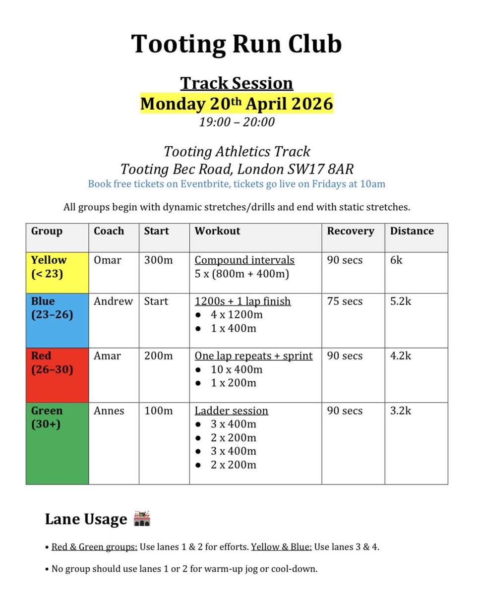 TootingRunClub's tweet photo. Head over to Eventbrite to book your free tickets for next week’s track, yoga, midweek social 5k and strength and conditioning. 

Check out Monday’s track plan 👇 https://t.co/PHFv0CQhyV