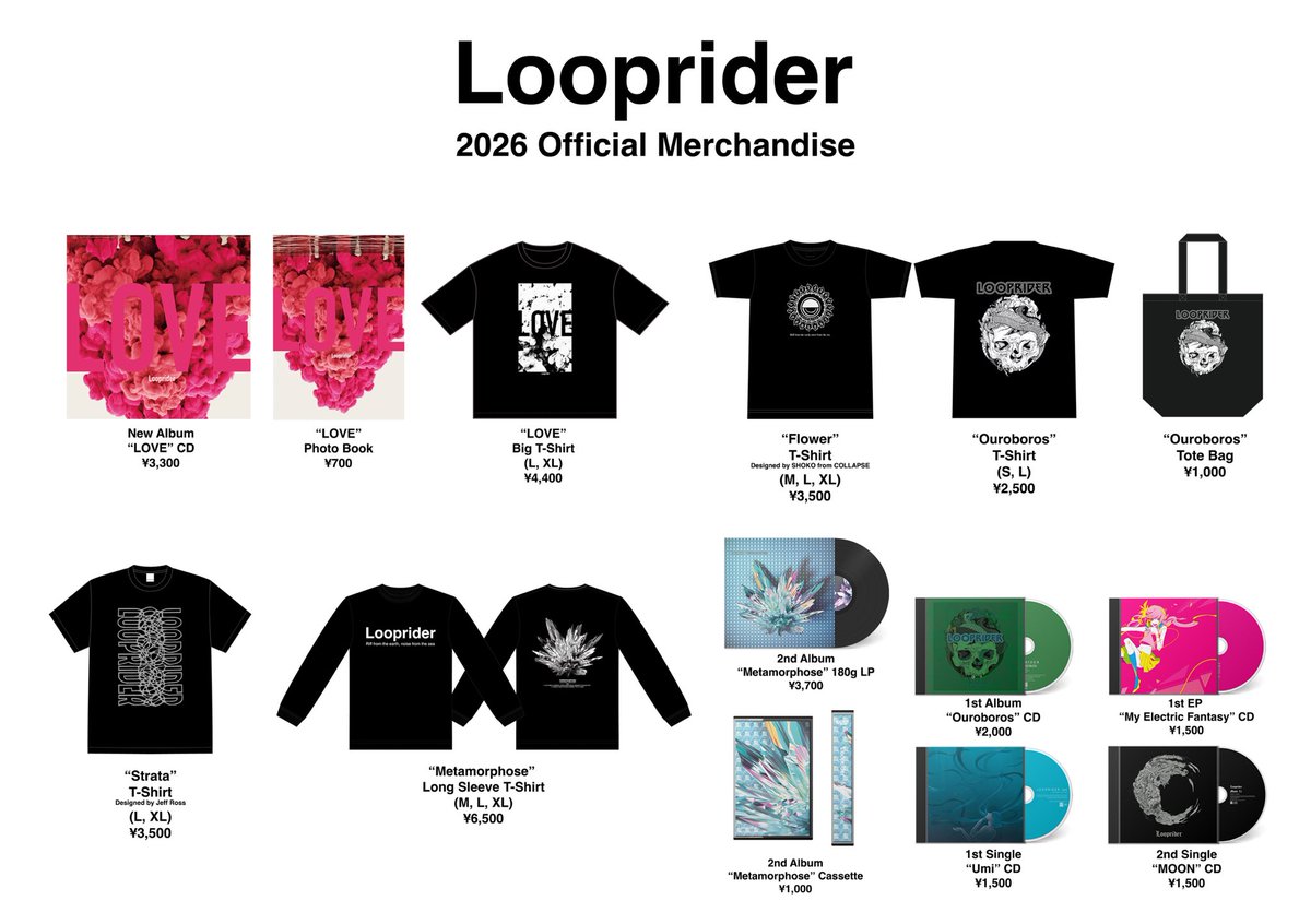 lprdrband's tweet photo. 2026 merch for LOVE Japan Tour. We will have CDs, photo books and t-shirts at the show!

2026年のマーチはこちら。『LOVE』のCD、フォトブック、Tシャツをライブの物販で販売します！

#looprider https://t.co/xeKvFQduHE
