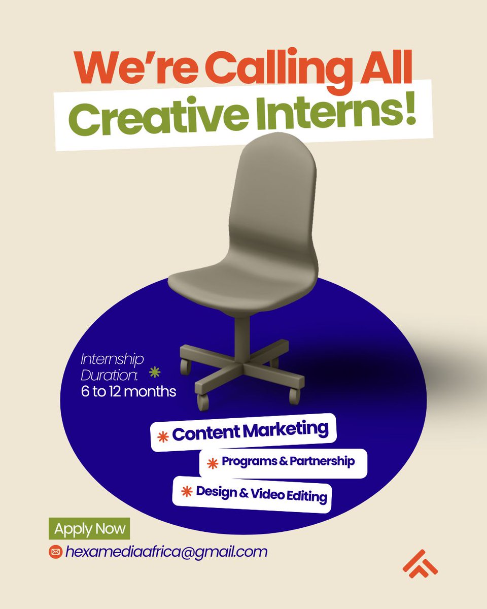 Hexa Media is hiring creative interns.

Roles:
• Content Marketing
• Programs &amp; Partnerships
• Design &amp; Video Editing
Duration: 6–12 months
If you’re ready to learn fast and work on real projects, apply now.
Send your application to:
 hexamediaafrica@gmail.com