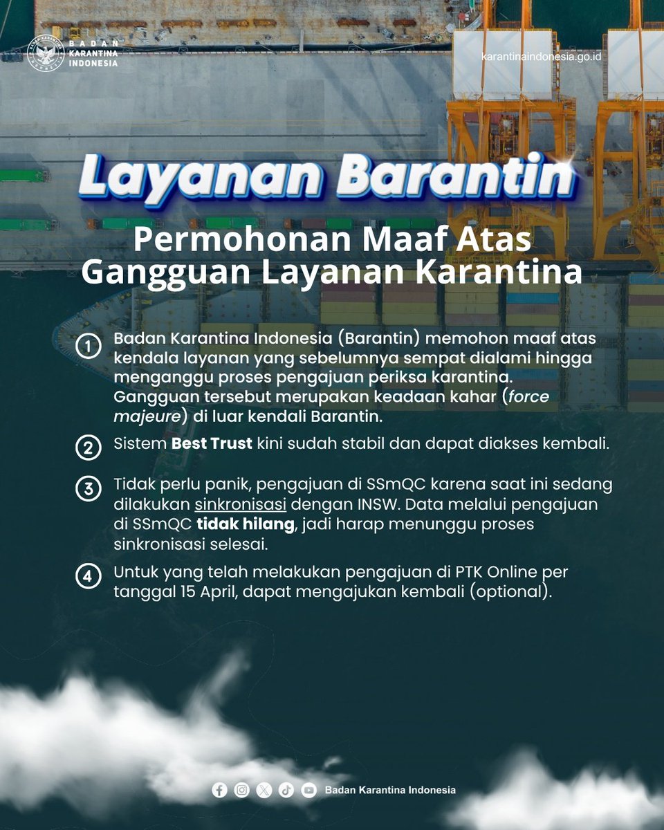 Mohon maaf atas gangguan layanan Barantin 🙏🏼

Saat ini kondisi telah pulih dan dapat digunakan kembali.

#Barantin #BadanKarantina #GangguanLayanan #BestTrust