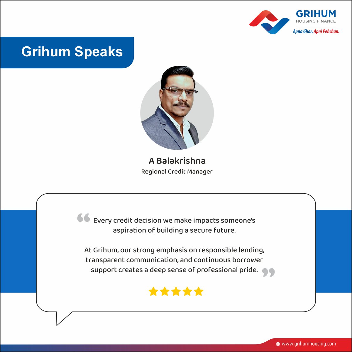 Every loan is not just a file… it’s someone’s dream of owning a home  For team members like A Balakrishna, every decision is about helping build a more secure future for someone  At Grihum, we don’t just work with numbers, we work with people’s dreams  #grihumhousingfinance
