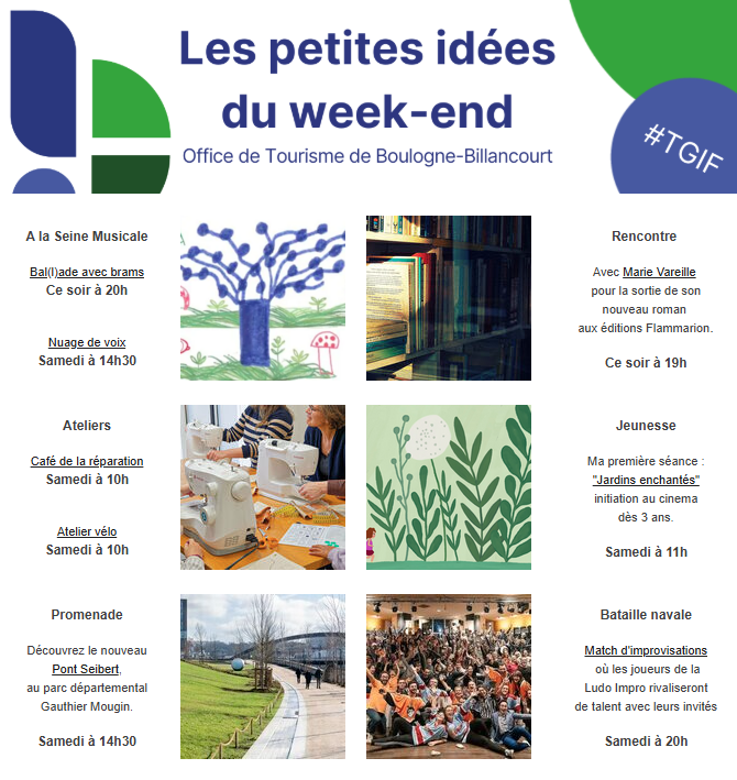 OTBB92's tweet image. 🎉 TGIF - 18-19 avril #boulognebillancourt

Découvrez les événements du week-end !

✨ En savoir plus : tinyurl.com/18avr19avr

@Ville_BoulogneB

@BoulogneCulture @BIJBB @LaSeineMusicale 

#weekend #evenements