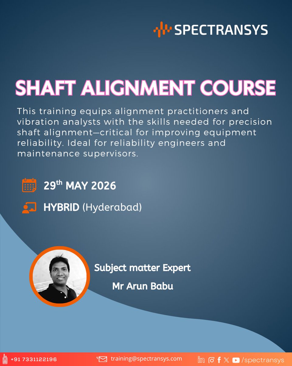 spectransys's tweet image. 𝐌𝐚𝐬𝐭𝐞𝐫 𝐏𝐫𝐞𝐜𝐢𝐬𝐢𝐨𝐧 𝐒𝐡𝐚𝐟𝐭 𝐀𝐥𝐢𝐠𝐧𝐦𝐞𝐧𝐭
Improve reliability, minimize downtime, and extend equipment life with precision alignment.

📅29 May | Hybrid(Hyd)
 👉Register Now shorturl.at/4dIPS

#Alignment #MaintenanceExcellence#Spectransys