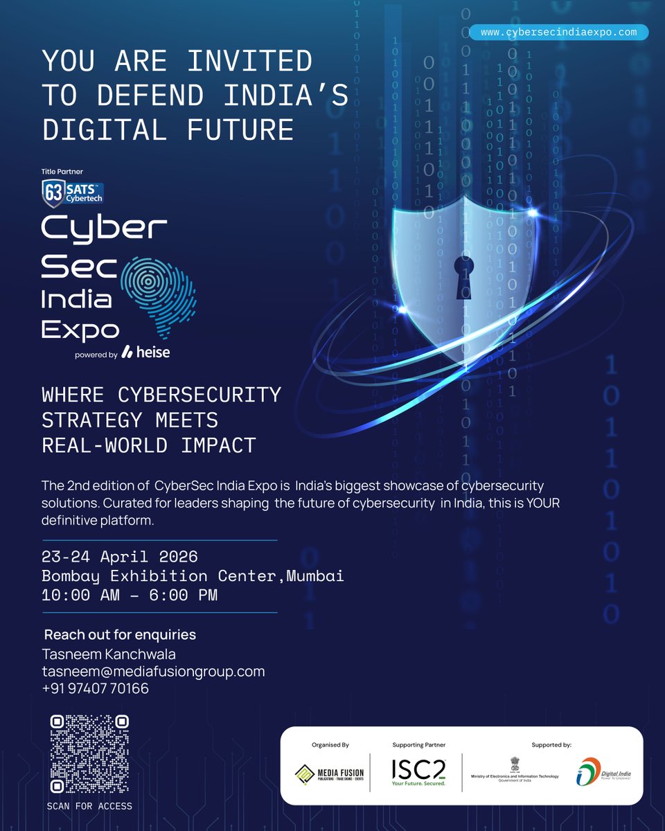 Join us at #CyberSecIndiaExpo 2026 on April 23-24 and visit us at booth no. C715. ISC2 members can use the code SPL30 to get 30% OFF your delegate pass.

Delegate Registration: ow.ly/yMLp50YKMn6
Free Registration for Exhibition : ow.ly/lpMf50YKMn7

#CyberSecurity