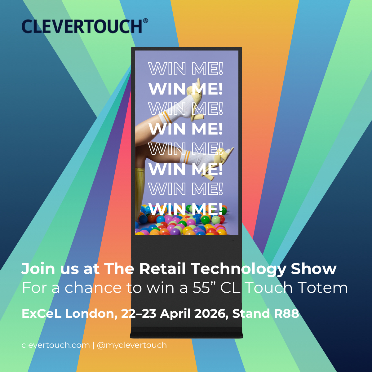 myClevertouch's tweet photo. Join us at The Retail Technology Show ExCeL London, 22–23 April 2026, Stand R88, for a chance to win a 55” CL Touch Totem!  https://t.co/Tzp2DERGuH

#RetailTechnology #ExCeLLondon #RetailShow #TechInnovation #CLTouch #RetailExhibition #TechForRetail https://t.co/IaMBzkgZop
