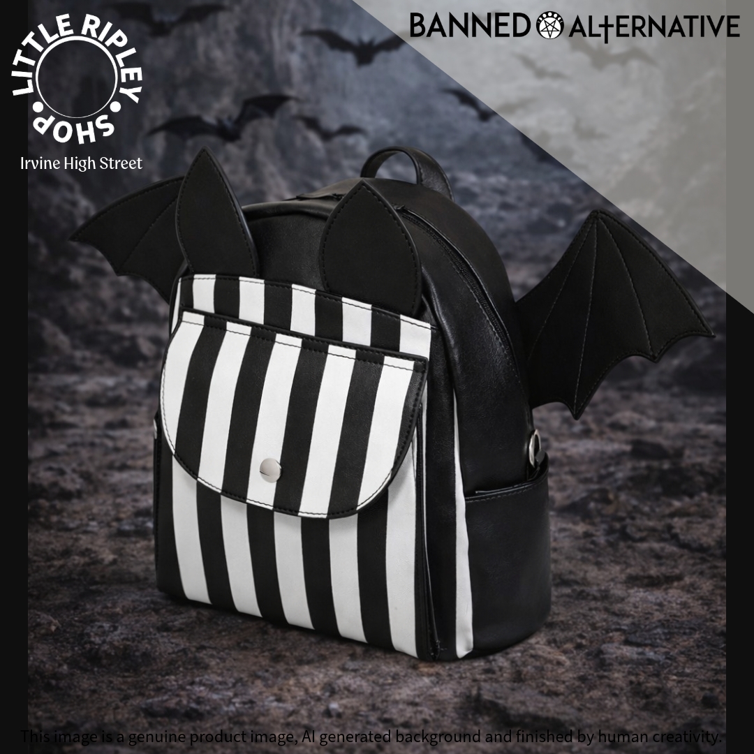 RipleyLittle's tweet image. Spooky… but make it cute 🦇

Banned Alternative backpack with bat wings, ears &amp;amp; bold stripes.

A full statement piece.

📍 Little Ripley
#GothStyle #SpookyCute #AltFashion