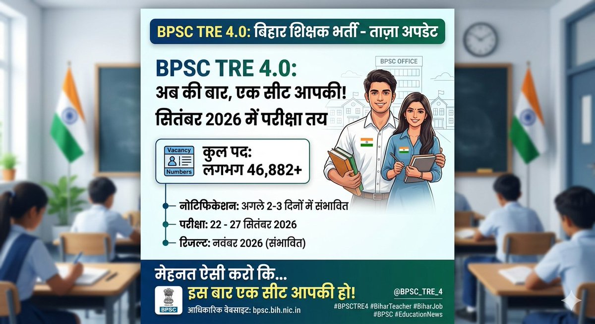 जानकारीपूर्ण और सीधा (Informative)
🚨 BPSC TRE 4.0 Update! 🚨
बिहार में शिक्षक बनने का सपना देखने वालों के लिए बड़ी खबर! ✍️
📍 पदों की संख्या: लगभग 46,882+ रिक्तियां
📅 परीक्षा तिथि: 22-27 सितंबर 2026
📢 नोटिफिकेशन: अगले 2-3 दिनों में आने की पूरी संभावना।