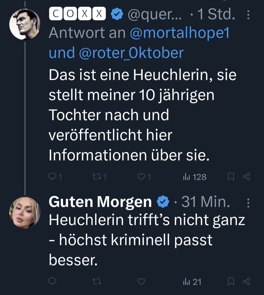 Wie armseelig und dämlich kann man eigentlich sein, <a href="/queru_lant/">🅲🅾🆇🆇</a> &amp; <a href="/Prunkundshiva/">Guten Morgen</a>?
Was hat der Post, in dem <a href="/mortalhope1/">Salafinchen</a> um etwas Beistand bittet, mit deiner Tochter zu tun, die du selbst doxxt?
Schieb dir deine Ich, ich, ich Welt da hin, wo die Sonne nicht scheint und höre auf,