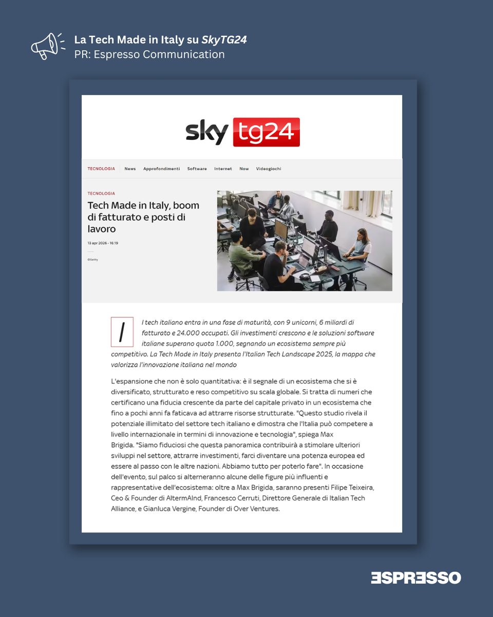 Imprese, boom del tech italiano che supera i 15 mld di euro di ricavi: svelati i 9 unicorni del Belpaese, insieme valgono oltre 28 mld. Ne abbiamo parlato con #LaTechMadeInItaly su <a href="/SkyTG24/">Sky tg24</a>: tg24.sky.it/tecnologia/202….
.
PR: <a href="/espressocommpr/">Espresso Communication</a>
.
#pr #mediarelations #tech #madeinitaly