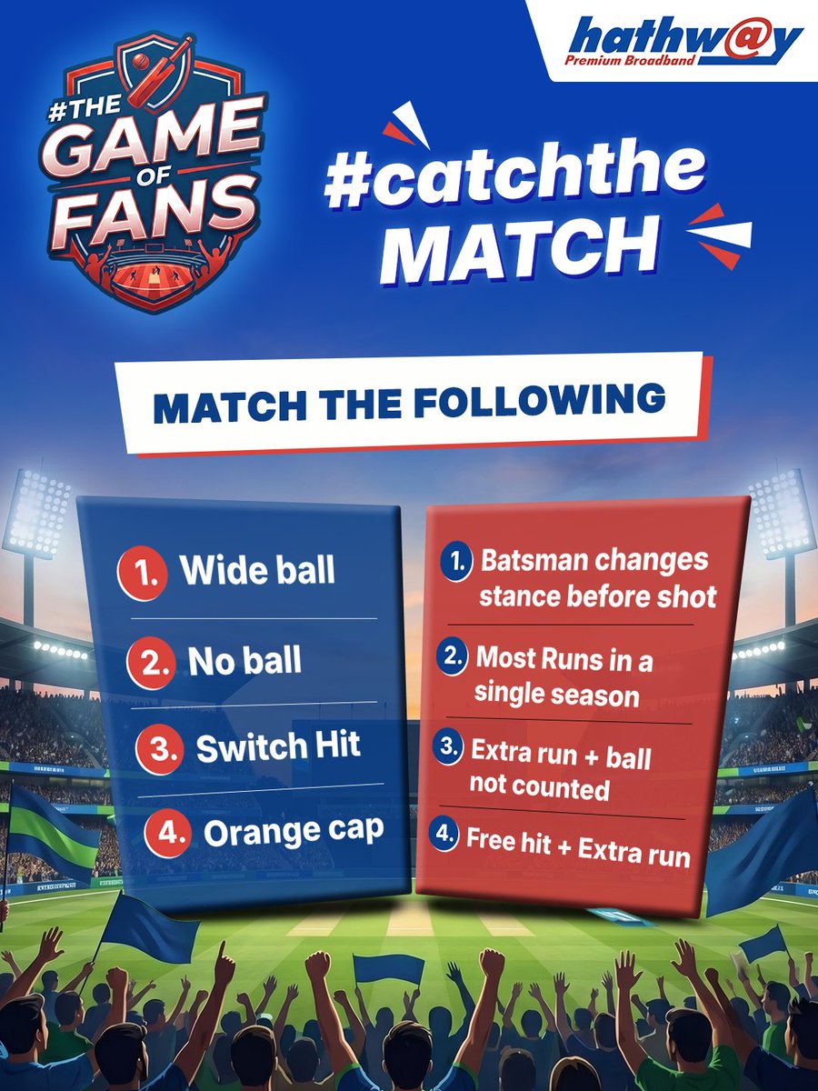 HathwayBrdband's tweet image. #ContestAlert

It’s all about reading the game right.
Think you can match them all?

Comment your answers.

#CatchTheMatch #CricketLovers #IPL2026 #CommentBelow