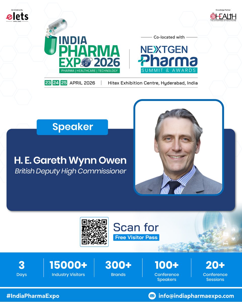 indiaPharmaExpo's tweet image. We are pleased to welcome Gareth Wynn Owen, British Deputy High Commissioner, as a Speaker at the India Pharma Expo 2026.

To Secure Your Free Visitor Pass, Click Here: indiapharmaexpo.com/visitor.php

#IndiaPharmaExpo2026 #Pharma #GlobalCollaboration #HealthcareInnovation