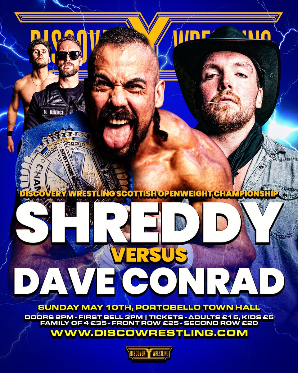 DiscoWrestling's tweet photo. 🚨 HUGE MATCH CONFIRMED 🚨

On May 10th, Cowboy Conrad looks to make history by becoming just the third ever Discovery Wrestling Scottish Openweight Champion when he goes one-on-one with Shreddy 🔥

Ticket link in the tweet below 👇🏻 https://t.co/3Ejr28G6Ck