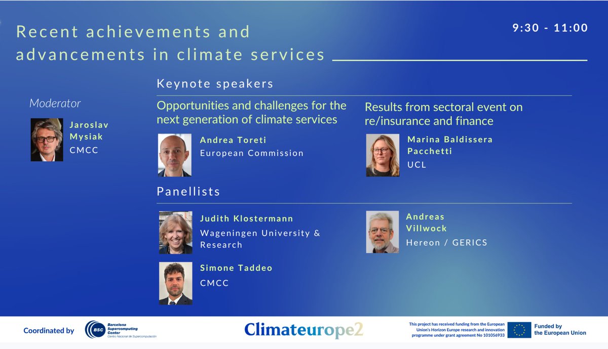 climateurope2's tweet photo. #Climateurope2Webstival's last day
This morning's plenary explored the latest achievements in #ClimateServices across agriculture, water &amp; finance 🌾💧📈 Keynotes by A. Toreti &amp; M. Baldissera Pacchetti, moderated by J.Mysiak, with panelists J. Klostermann, A. Villwock &amp; S. Taddeo https://t.co/joFGjCmr6G