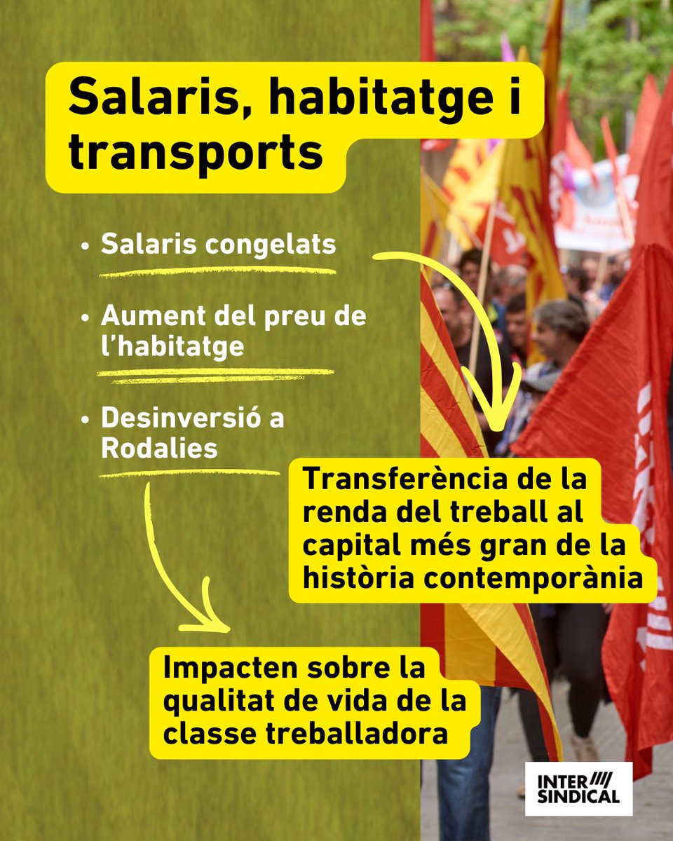 LaIntersindical's tweet photo. 💸 Salaris congelats
🏠Habitatge impossible
🚅Transport deficient

✊ Per canviar aquesta realitat cal més democràcia, més organització i més capacitat de decidir des de Catalunya.

✅ Necessitem un Marc Català de Relacions socials i laborals al servei de la majoria, no d’una minoria.

💪 Aquest Primer de Maig, manifesta't. Els drets no es guanyen des del sofà. #LaIntersindical