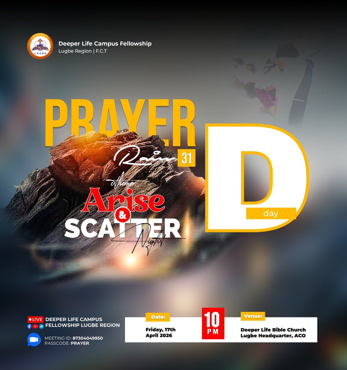 Tonight is the D‑Day! Distance is no barrier to God’s move. Whether you’re out of town, unable to join physically, or inviting friends and family, this is your moment to connect.  

👉 Click here: evtly.co  
Join us live via Zoom, YouTube, Facebook, or Telegram.