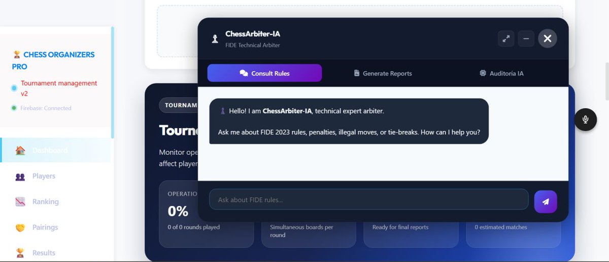 CHESS ARBITER IA®: The second AI agent in chess prepared to arbitrate professional tournaments with the FIDE Laws and help live with technical incidents.
chessorganizers.com/tournament