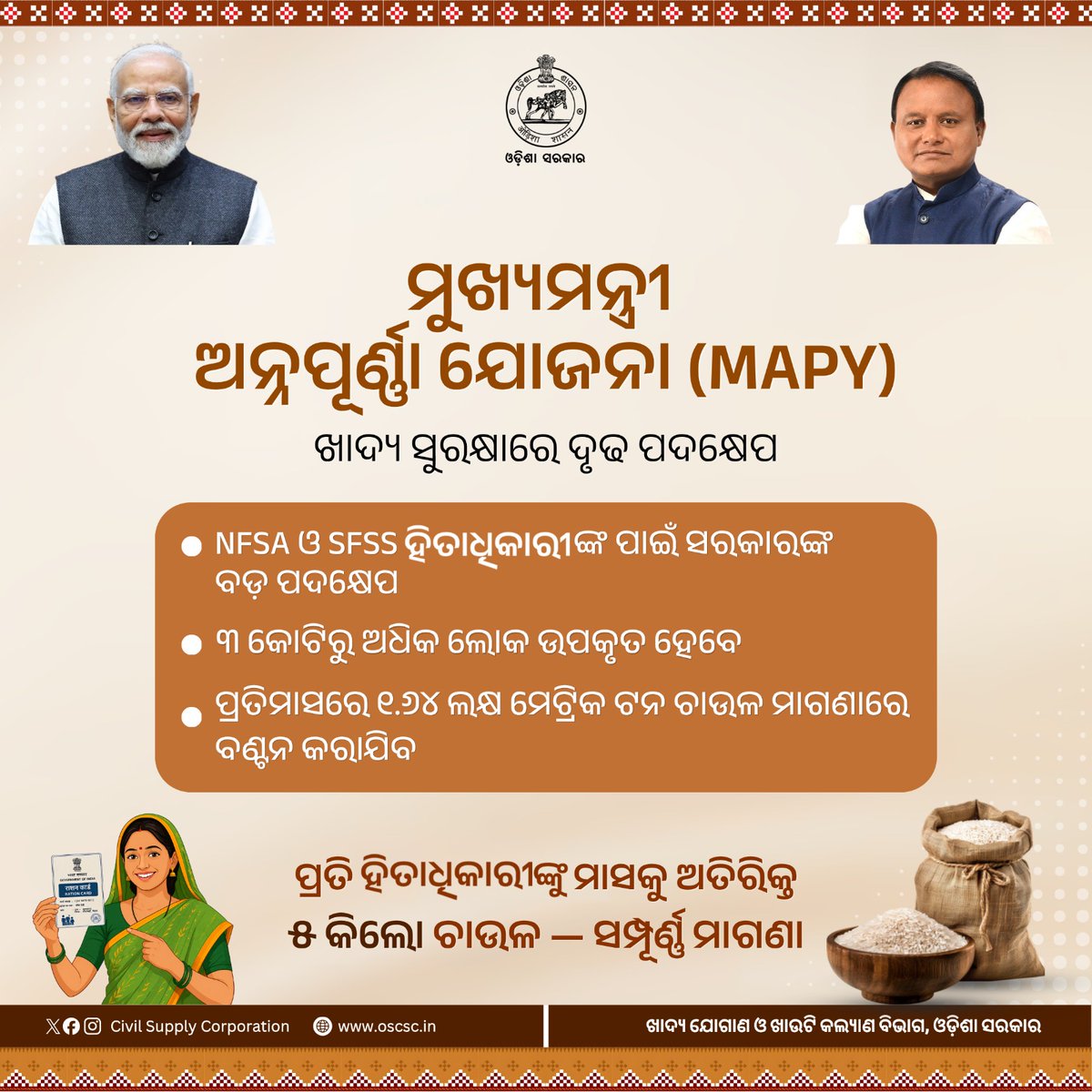 Food_Odisha's tweet photo. ରାଜ୍ୟ ସରକାର 'ମୁଖ୍ୟମନ୍ତ୍ରୀ ଅନ୍ନପୂର୍ଣ୍ଣା ଯୋଜନା' ବାବଦରେ ଘୋଷଣା କରିଥିବାବେଳେ ପ୍ରତି ହିତାଧିକାରୀଙ୍କୁ ମାସକୁ ଅତିରିକ୍ତ ୫ କିଲୋ ଚାଉଳ ସମ୍ପୂର୍ଣ୍ଣ ମାଗଣାରେ ଦିଆଯିବ |
Over 3 crore NFSA &amp; SFSS beneficiaries will get 5 kg additional rice every month, free of cost. https://t.co/0KfZSS1R9X