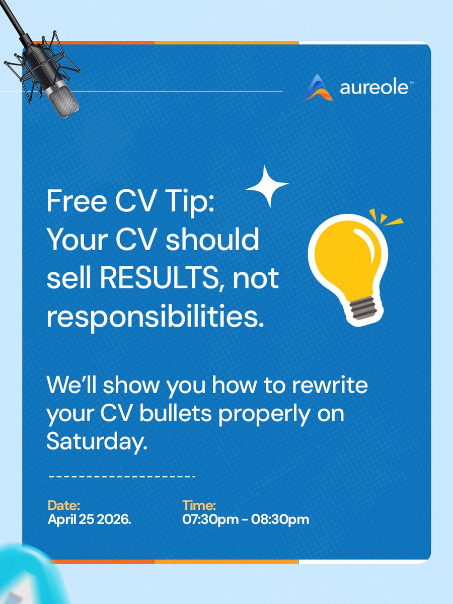 job_openings_ng's tweet image. Your CV should sell RESULTS, not just responsibilities. 

We’ll show you how to rewrite your CV bullets the right way on Saturday, April 25th 2026! 

📲 Join the session here: t.me/jobopeningsng

Don’t miss these expert tips to elevate your CV! 

#CVBuilding #ResumeTips