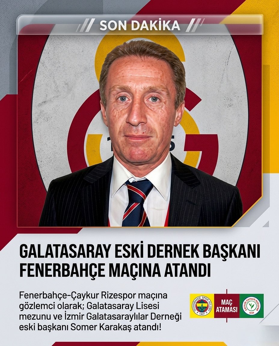 Feneristcom's tweet image. GALATASARAY ESKİ DERNEK BAŞKANI FENERBAHÇE MAÇINA ATANDI

Fenerbahçe-Çaykur Rizespor maçına gözlemci olarak; Galatasaray Lisesi mezunu ve İzmir Galatasaraylılar Derneği eski başkanı Somer Karakaş atandı!

#Fenerbahce #Futbol #Sports